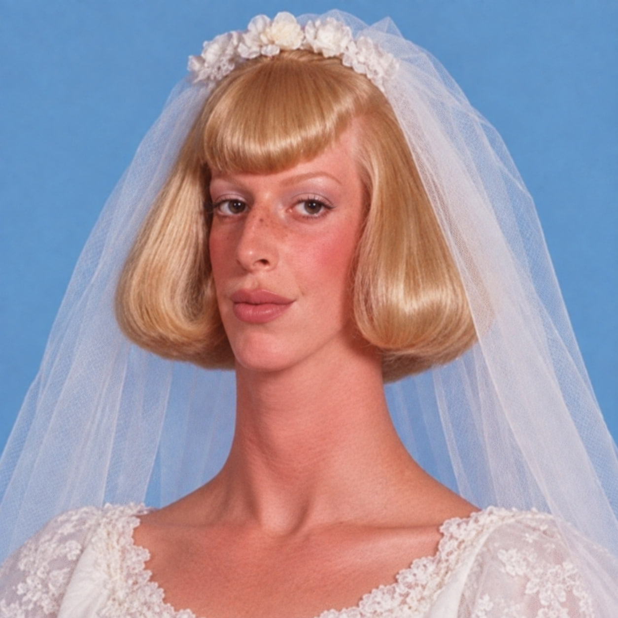 JEANWIFE wearing a white wedding dress and veil against a blue backdrop